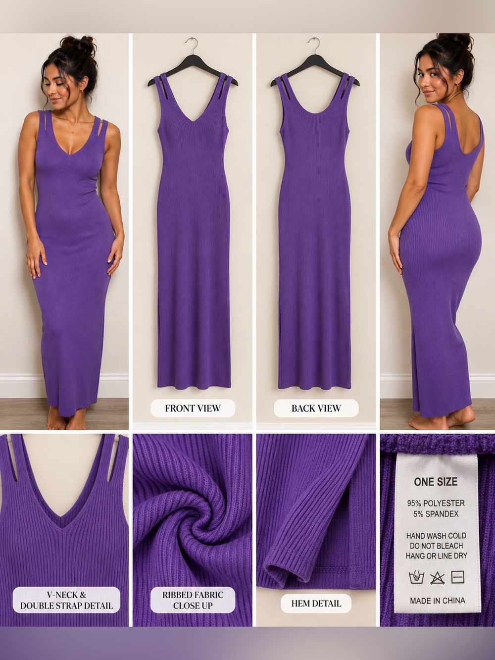 Purple V-Neck Ribbed Bodycon Maxi Dress One Size